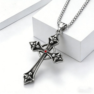 <b>Cross</b> Necklace Zinc Alloy Unisex Pendant with Red Stone Retro Style Gift Jewelry Claw Setting K-PT396 - Product Image 2