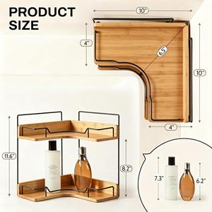 Étagère d'angle de salle de bain à 2 niveaux en bambou avec acier inoxydable 304, support de rangement en bois pour comptoir de salon - Product Image 6