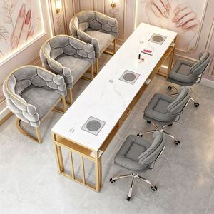 Table de manucure moderne en marbre, bureau de salon de beauté avec cadre métallique et aspirateur intégré - Product Image 4