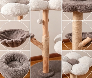 Árbol para Gatos <span class=keywords><strong>de</strong></span> <span class=keywords><strong>Madera</strong></span> Natural con Diseño <span class=keywords><strong>de</strong></span> Flores y Nubes, <span class=keywords><strong>Hamaca</strong></span> Columpio, Dos Plataformas <span class=keywords><strong>de</strong></span> Descanso en Forma <span class=keywords><strong>de</strong></span> Flor, Tronco Rascador <span class=keywords><strong>de</strong></span> Sisal y Juguete Colgante <span class=keywords><strong>de</strong></span> Pompones - Product Image 4