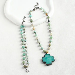 2025 joyería étnica Retro para mujer, collar de cadena corta de piedra Natural de 8mm, colgante de cruz, conjunto de joyería de pulsera de cadena de 2 capas - Product Image 6