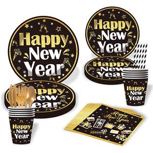 Suministros para Fiesta <span class=keywords><strong>de</strong></span> Nochevieja, Juego <span class=keywords><strong>de</strong></span> Vajilla Desechable <span class=keywords><strong>de</strong></span> Papel Negro y Dorado, Incluye Platos, Servilletas y Manteles - Product Image 3