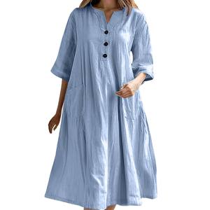 <span class=keywords><strong>Vestido</strong></span> de Mujer 2025 de Algodón y Lino con Cuello en V, Botones, <span class=keywords><strong>Media</strong></span> <span class=keywords><strong>Manga</strong></span>, Alta Calidad, Talla Grande, Holgado, con Bolsillos, Informal y Moderno - Product Image 1