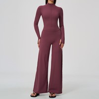 Nouvelle Tendance : Combinaison de Sport Une Pièce à Manches Longues avec Fermeture Éclair, Effet Nude, pour Yoga, Course et Fitness, avec Pantalon Évasé
