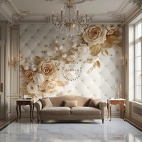 Papier peint mural intérieur 3D floral luxueux et élégant, imperméable, textures blanches, feuilles d'or, rose