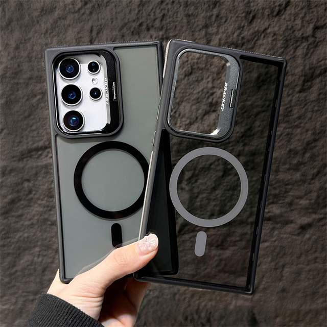 Bumper Clear Camera Stand Magnetic Phone case for Samsung S26 ultra S25 S24 S23 Series Lens Holder Frosted Shockproof Back Cover