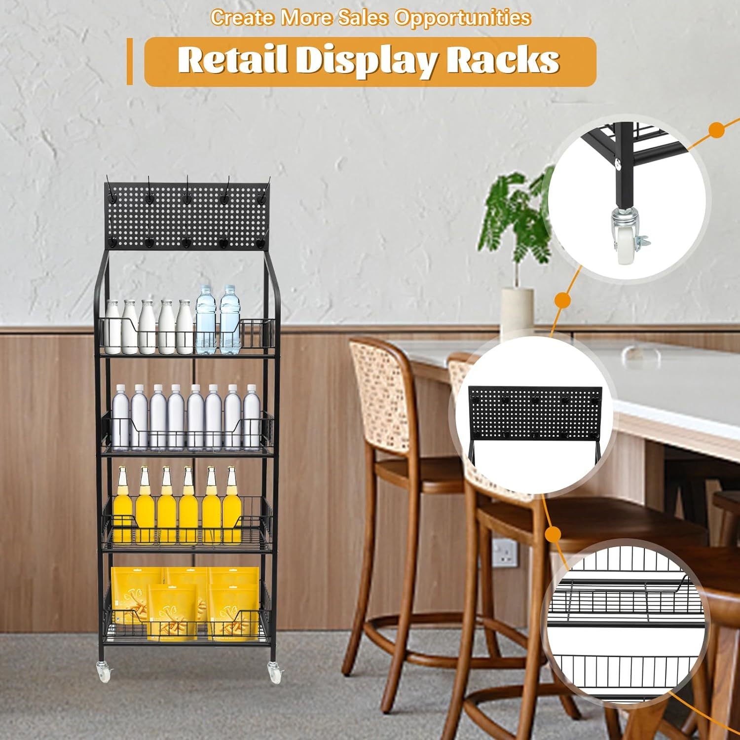 4-tier for Metal Wire Storage Shelf Display Rack with Wheels and Black Floor Stand for Home Room — view 4