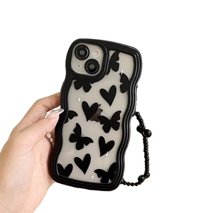 Coque de téléphone antichoc en TPU transparente de luxe avec sangle, motif cœur noir et bords incurvés - Product Image 1
