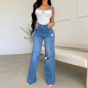 Jeans Streetwear <span class=keywords><strong>Femme</strong></span> Taille Haute Effet Usé et Délavé, <span class=keywords><strong>Ourlet</strong></span> <span class=keywords><strong>Effiloché</strong></span>, Polyester/Coton Confortable – Vente Directe Usine 2026 - Product Image 1