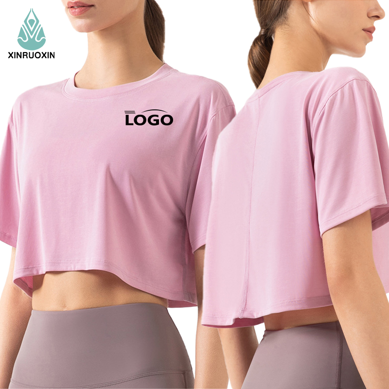 Loose Cropped Athletic T Shirt for Women Round Neck Short Sleeve Workout Yoga Top for Gym