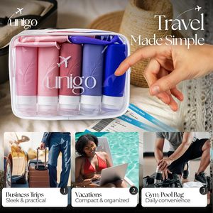 Botellas de Viaje Unigo a Prueba de Fugas, Paquete de 5, 3 oz, Aprobadas por la TSA, Recipientes para Artículos de Tocador, Libres de BPA, Recargables, Color Morado - Product Image 6