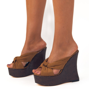 Mules à talons compensés hauts pour femmes, en daim, à bout ouvert, avec nœud décoratif, à plateforme épaisse, style escarpins à motifs imprimés - Product Image 1