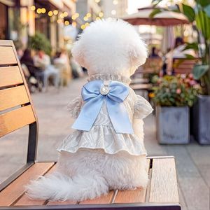 Wholesale Cotton <b>Light</b> Blue Lace <b>Dog</b> Dress-Summer Spring Satin Bow & Ruffled Hem for Elegant Formal Princess Style - Product Image 2