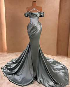 เดรสงานพรอมผ้าซาตินที่สวยใหม่ชุดเดรสงานพรอมเปิดไหล่สายสปาเก็ตตี้ชุดนางเงือกบอลเงาพร้อมรัฟเฟิลตกแต่งลายดอกไม้ - Product Image 6