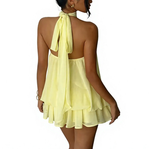 Nuevo Vestido Mini Ligero de Chifón con Cuello Halter y Volantes, con Lazos en la Espalda, Sin Mangas, para Mujer - Product Image 2