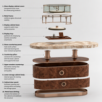 Table de présentation de luxe pour montres et bijoux en bois de burl et marbre |   Vitrine en verre combinée haut de gamme pour boutique