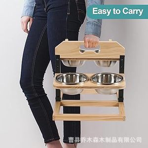 Soporte de madera para comedero de mascotas, elevado, para perros y gatos, con tazones de acero inoxidable, altura ajustable, comedero para perros - Product Image 3
