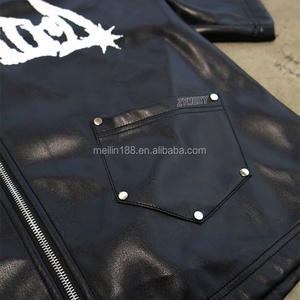 Custom Pu Leather Zip up Jackets High Quality Embroidered Patch Short Sleeve Shirts <b>Black</b> Faux Leather Shirts for Men - Product Image 2
