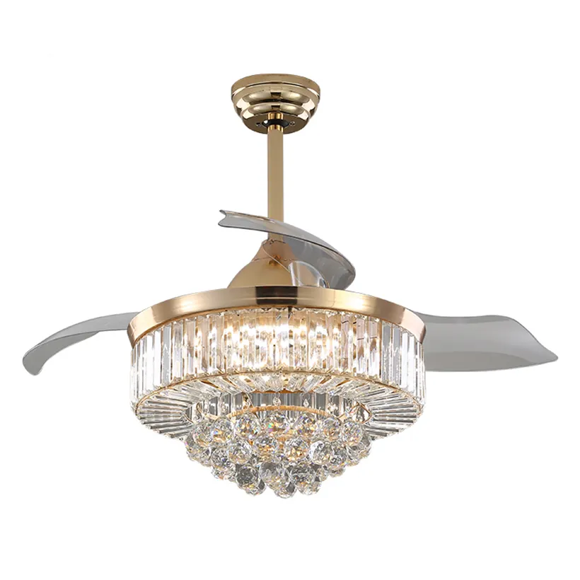 42Inch Gold K9 Retractable Crystal Chandelier Ceiling Fan With Led Light Home Restaurant Decorative