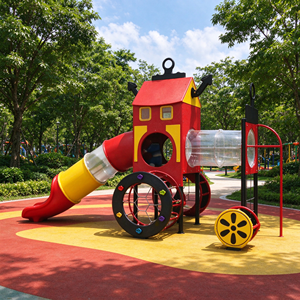 Équipement de terrain de jeu extérieur pour enfants sur le thème du train créatif, tubes en acier et plastique transparent, roue d'escalade rotative, filet d'escalade - Product Image 2