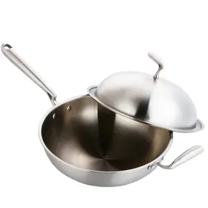 Stainless Steel Wok pan with Lid, 5 Ply Steel Skillet, Professional Grade Wok