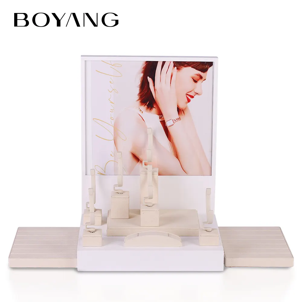 Boyang Custom Design Luxus PU Leder Ohrringe Ring Halskette Schmuck Display Stand Set