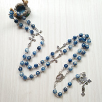 Chapelet miraculeux de 8 mm avec perles bleues, collier catholique, croix, cinq dizaines, chapelets uniques, crucifix