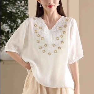 Cotton Linen Sheer Embroidered Shirt Women V Neck Mid Sleeve Pullover Elegant <b>Top</b> Everyday Wear - Product Image 2