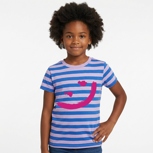 T-shirt à manches courtes en jersey de coton biologique personnalisé pour filles, avec imprimé sourire rose, col rond, style décontracté - Product Image 1