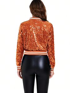 Chaqueta recortada con lentejuelas para <span class=keywords><strong>mujer</strong></span> popular personalizada OEM con puños a rayas, cuello y dobladillo, <span class=keywords><strong>cremallera</strong></span>, Chaqueta brillante, abrigo para <span class=keywords><strong>mujer</strong></span> - Product Image 2