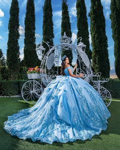 Abiti da Quinceañera Mumuleo <span class=keywords><strong>Blu</strong></span> Cielo 2026, Abito da ballo lungo fino al pavimento con strascico a cappella, in <span class=keywords><strong>raso</strong></span> moderno con stampa in pizzo, vita naturale, per adolescenti - Product Image 4