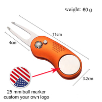 Outil de réparation de divots de golf en acier inoxydable et alliage de zinc, avec manche en aluminium, marqueur de balle, design de fourche pliable, style sportif