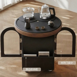 <b>Walnut</b> Wood Round Tea <b>Table</b> With Storage And Kettle For Living Room Office Use - Product Image 1