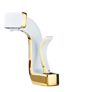 Robinet de lavabo artistique pour salle de bain, mitigeur de luxe pour hôtel, or et blanc, à poignée unique, en laiton, avec cascade - Product Image 1