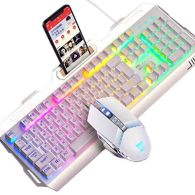 Wired Gaming Rainbow Breathing Led Light  Keyboard Mouse Combo with Mobile Holder