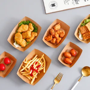 Özel Logo restoran çıkar tek fransız kızartması Fast Food ambalaj kutuları Kraft kağıt kızarmış tavuk tekne tepsi kutuları Set