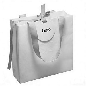 Recycled Luxury Cream Beige Kraft Paper Shopping Bag with Your Own Logo <b>Ribbon</b> Handle Bow for Gift Packaging Custom Printing - Product Image 2