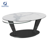 Vente en gros de meubles de maison italiens modernes cadre en métal dalle de roche en céramique verre trempé transparent table basse ovale rotative