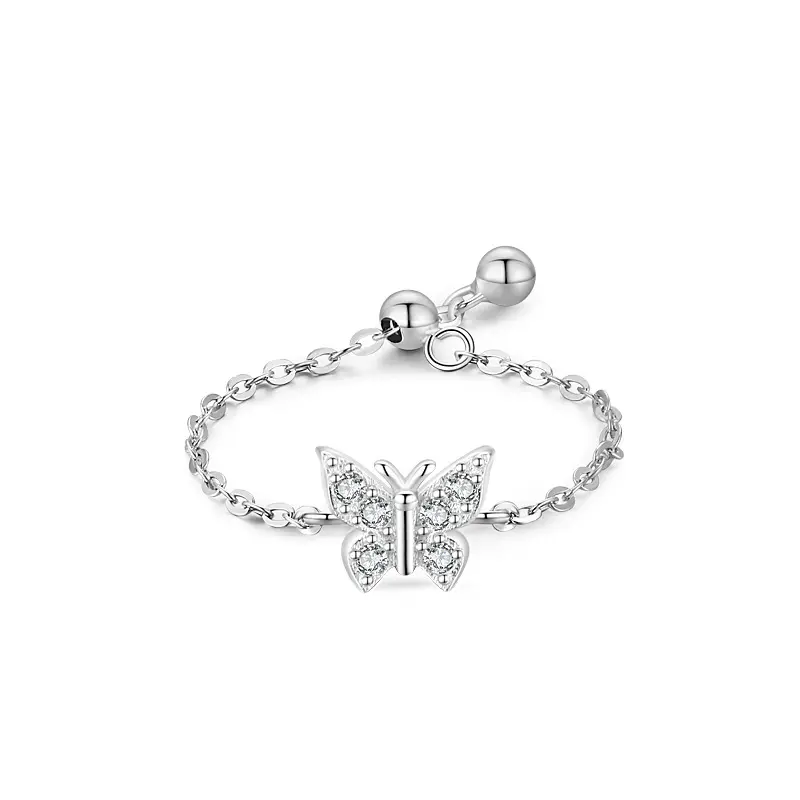Vente chaude populaire femmes bijoux fins anneaux S925 argent sterling zircone réglable charme papillon anneau