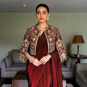 <b>Women</b> Traditional Indian Silk Saree With Embroidered <b>Jacket</b> Maroon <b>Wedding</b> Wear Regular Fit Floor Length All Seasons - Product Image 2