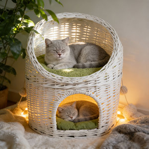 Cama para Gatos Moderna Hecha a Mano de Mimbre Blanco y Ratán - <span class=keywords><strong>Cueva</strong></span> Acolchada de Felpa Verde con Casa para Mascotas Duradera y Acogedora para Gatos en Caja - Product Image 3