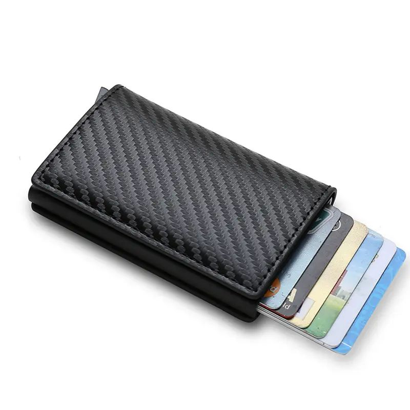 Carteras con tarjetero de fibra de carbono para hombre, minicartera delgada de cuero triple mágico negro RFID, pequeña bolsa de dinero, monederos para hombre, cartera para mujer