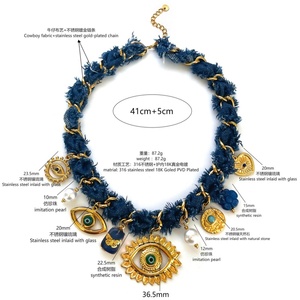 Nouveau Collier Tendance en Acier Inoxydable Plaqué Or pour Femme, <span class=keywords><strong>avec</strong></span> Pendentif Cœur, Yeux <span class=keywords><strong>Mal</strong></span>éfiques et Perles d'Imitation, Chaîne en Corde de Denim Bleu, Fait Main - Product Image 6