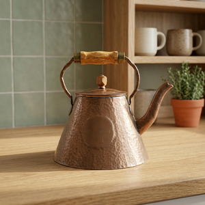 <b>Vintage</b> Hammered Metal <b>Kettle</b> With Wooden Handle And Lid Water Pot - Product Image 2