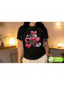 T-Shirt Casual da Donna con Stampa a Cuori, Manica Corta, Collo Tondo, 100% Cotone Jersey, Vestibilità Comoda, Stile Primavera-Estate - Product Image 3