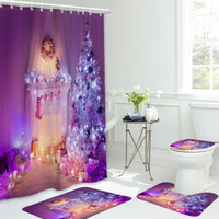 Ensemble de rideaux de douche de Noël 4 pièces, imprimé numérique 3D Père Noël et sapin, tapis de bain en polyester imperméable, couvercle de toilette, pour salle de bain festive