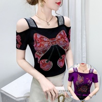 Camiseta de Fiesta Personalizada para Mujer con Lazo de Mariposa, Pedrería y Lentejuelas Brillantes, de Hombros Descubiertos y Manga Corta para Discoteca