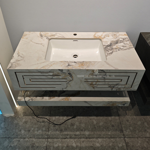 Mueble de Baño Flotante <span class=keywords><strong>con</strong></span> Lavabo de Superficie Sólida Personalizado, Lavabo de Mármol Sinterizado <span class=keywords><strong>con</strong></span> Espejo LED - Product Image 4