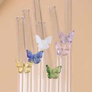 Fornitura di fabbrica riutilizzabile Internet celebrità colorato farfalla di vetro paglia di vetro ad alta borosilicato paglia colorata farfalla paglia
