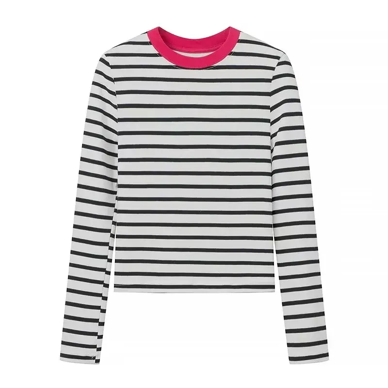 High Quality Cheap Price Xg-008 Fashionable And Trendy! Women'S Slim Fit Short Striped Long Sleeve T-Shirt Lead The Fashion